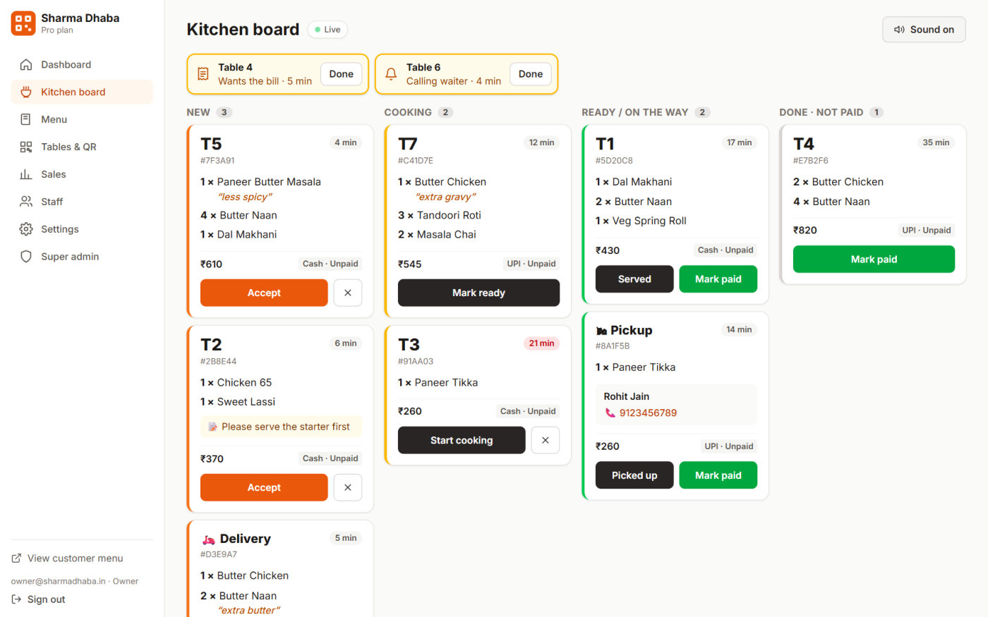 QR Menu kitchen board with live orders